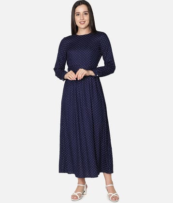 NUEVOSDAMAS Women Rayon Printed Fit & Flare Dress ( Navy Blue )