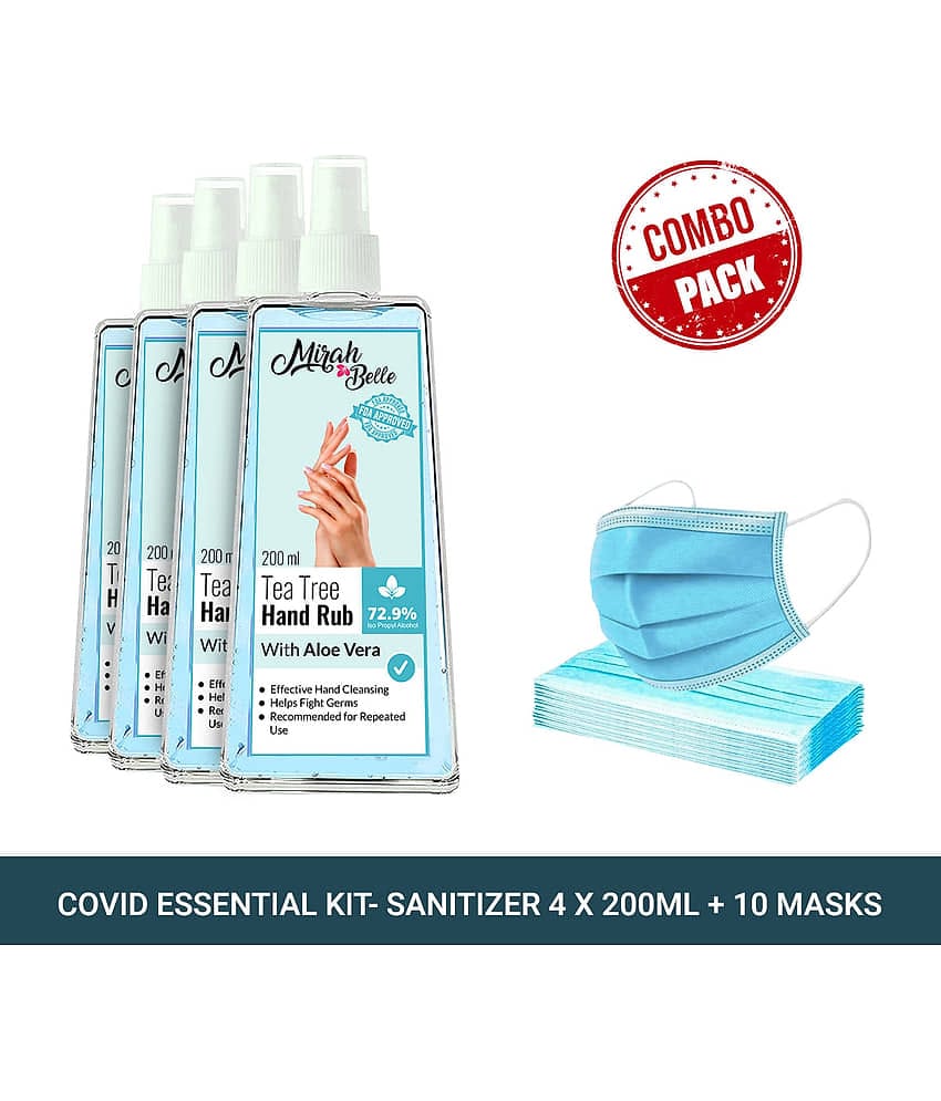 Mirah Belle Tea-Tree Aloe Vera Hand Rub Spray 200ml(Packof4) &10 Masks Sanitizers 800 mL Pack of 4