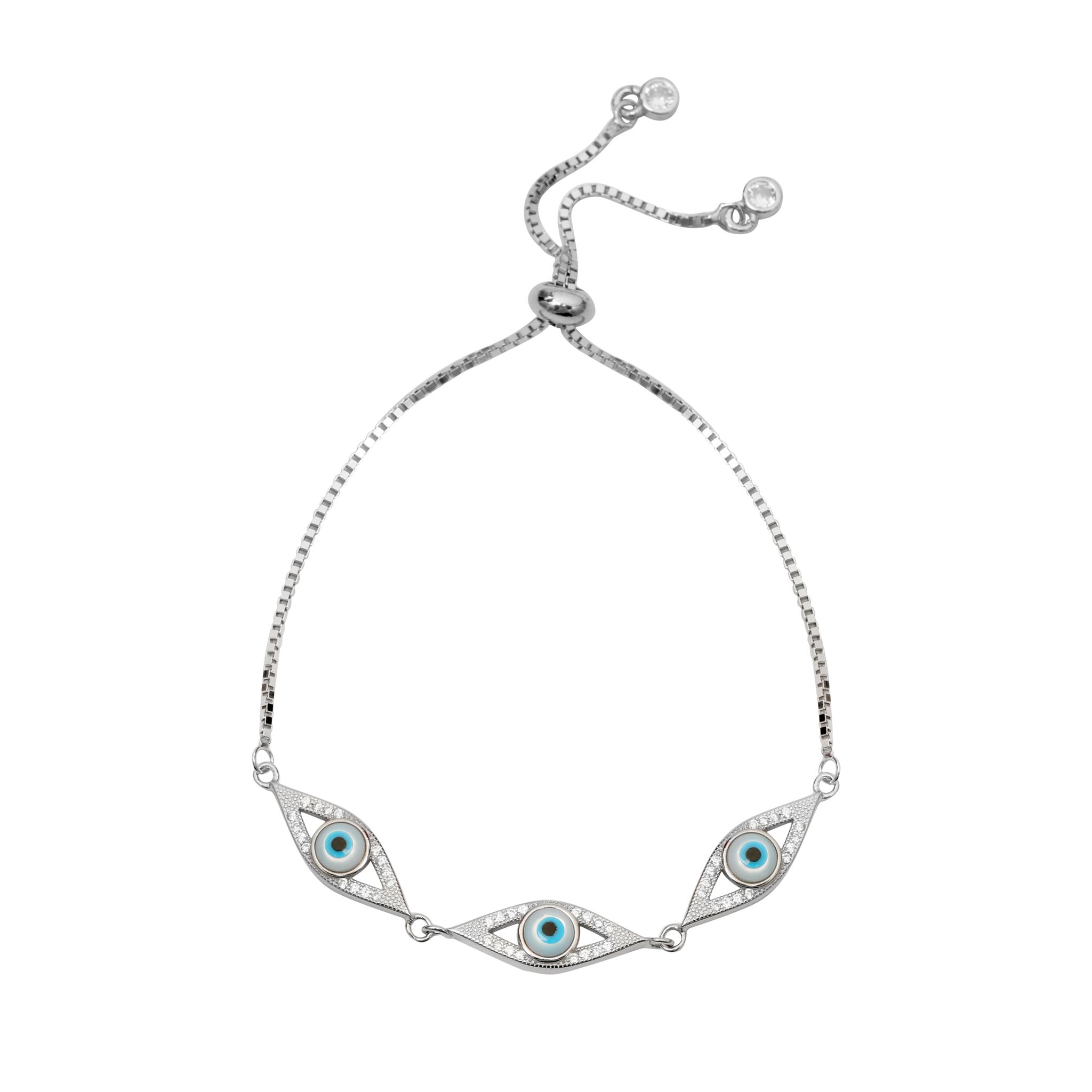 925 Sterling Silver Evil Eye Adjustable Bracelet with Blue CZ Stones for Women & Girls | Protection Charm Bracelet I Weight - 5.69 g