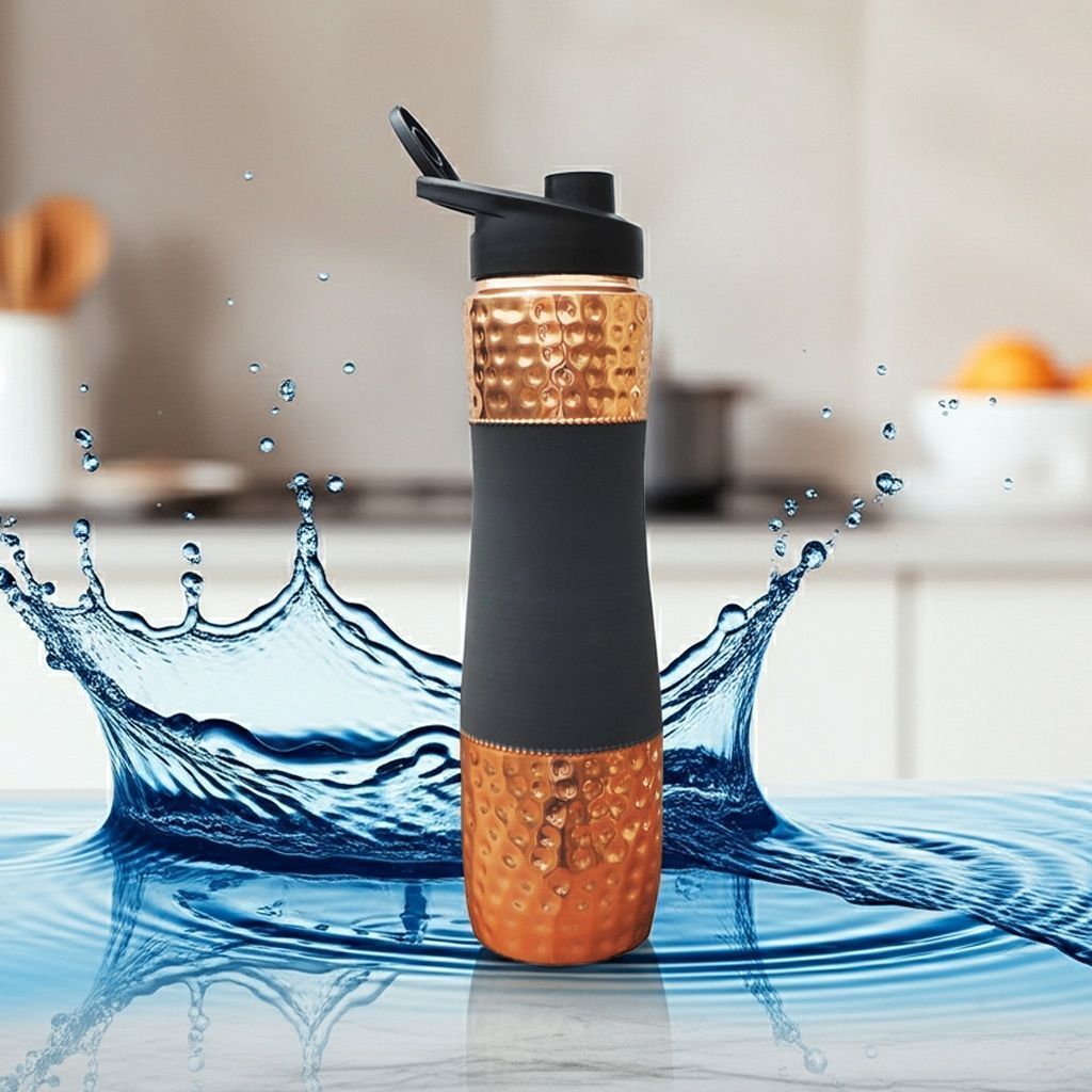 Copper Drinking Water Bottle Sipper Silk Grey – Handmade Copper Health Bottle, Height : 11.5 Inch (BCMAS188 C)