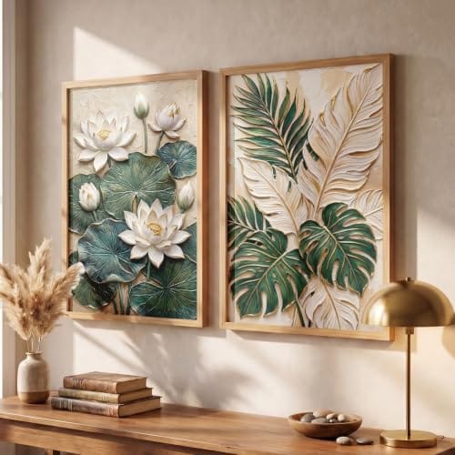YANVEER Traditional Art White lotus 3D view Painting Home Decoration With Frame For Living Room Bed Room Hotel