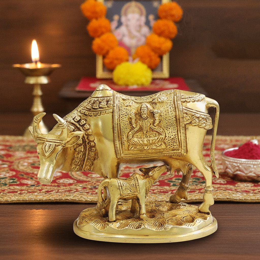 Brass Cow & Calf Showpiece Statue for Home Decor & Vastu, Height : 6.5 Inch (BSMAS1013 C)