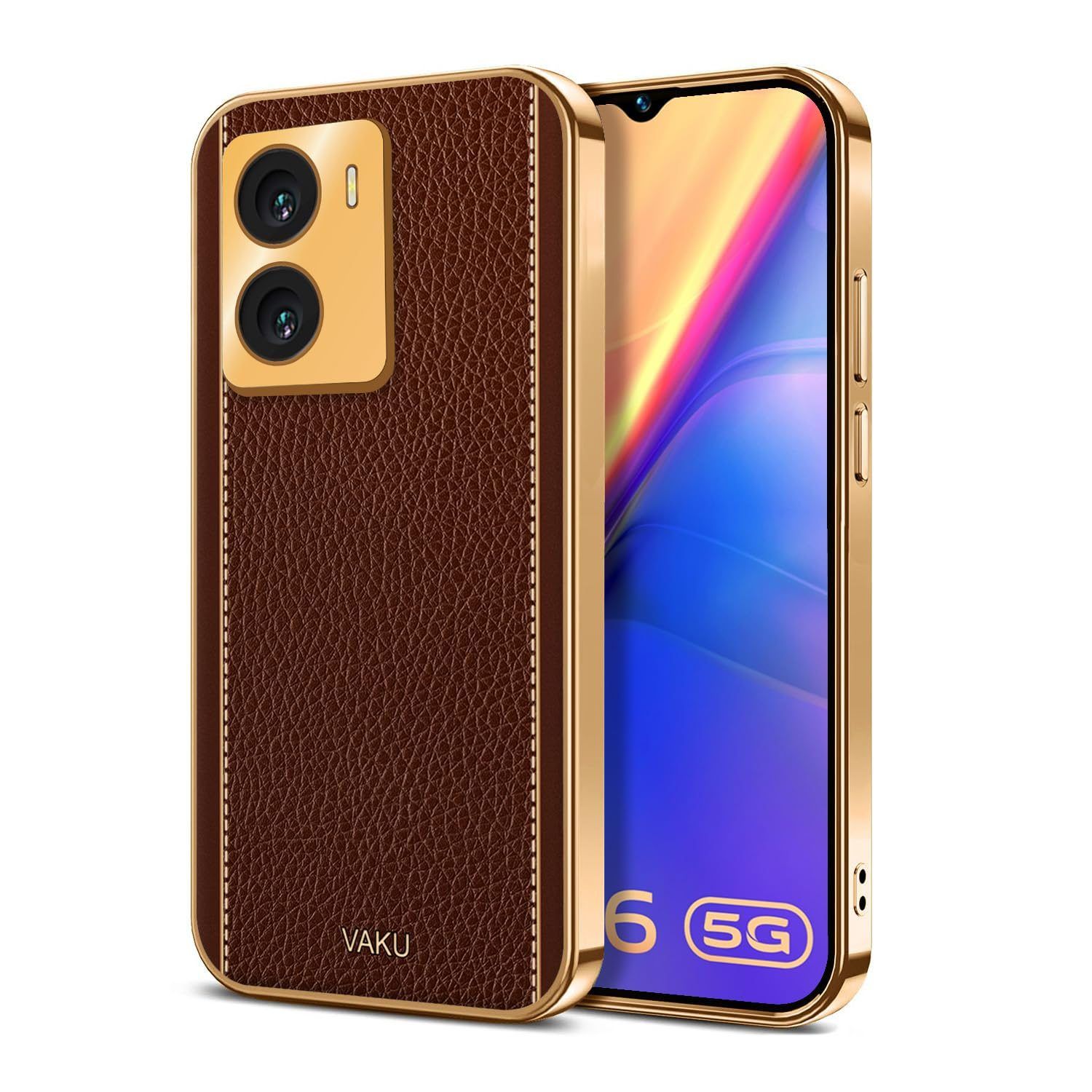 Vaku Luxos Luxemberg Back Cover for Vivo Y56 5G with Leather Pattern Gold Electroplated Soft TPU Cover Shockproof Protective Case - Brown