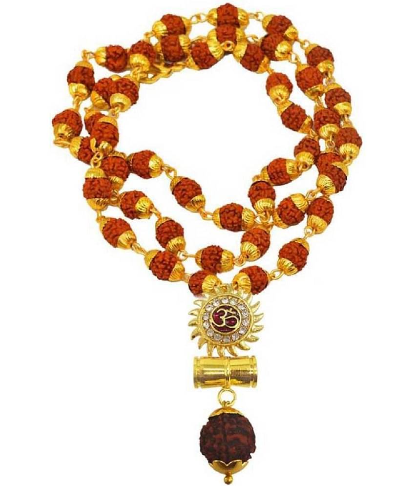 PAYSTORE Sun Shape Shiv Mahadev Damaru Locket With Gold Cap Panchmukhi Rudraksha Mala For Men/Womne