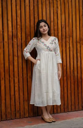 Womens Cotton Embroidered Short Anarkali Gown (Off White)In Stock