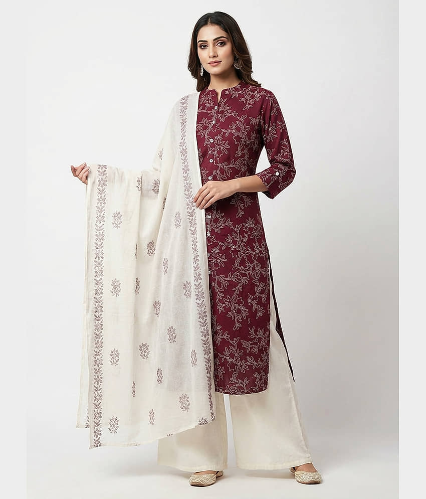 Yash Gallery Women Cotton Printed A-line Kurti With Palazzo ( Wine )