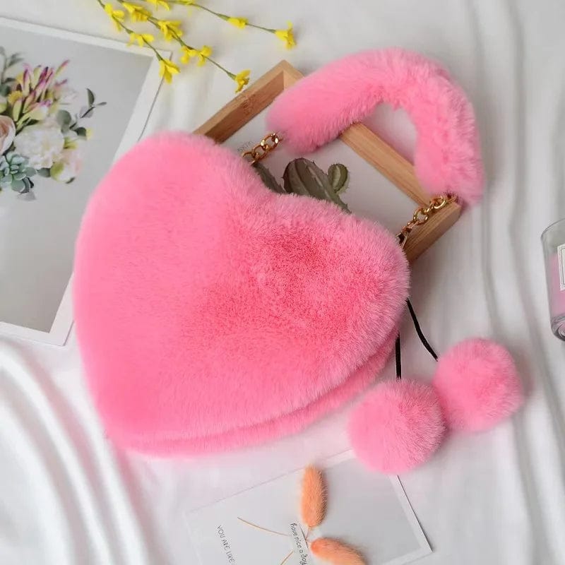 Faux Fur Winter Women Handbags Cute Plush Ladies Heart Shaped Shoulder Bag Cute Female Clutch Purse Love Handbags Messenger Ba