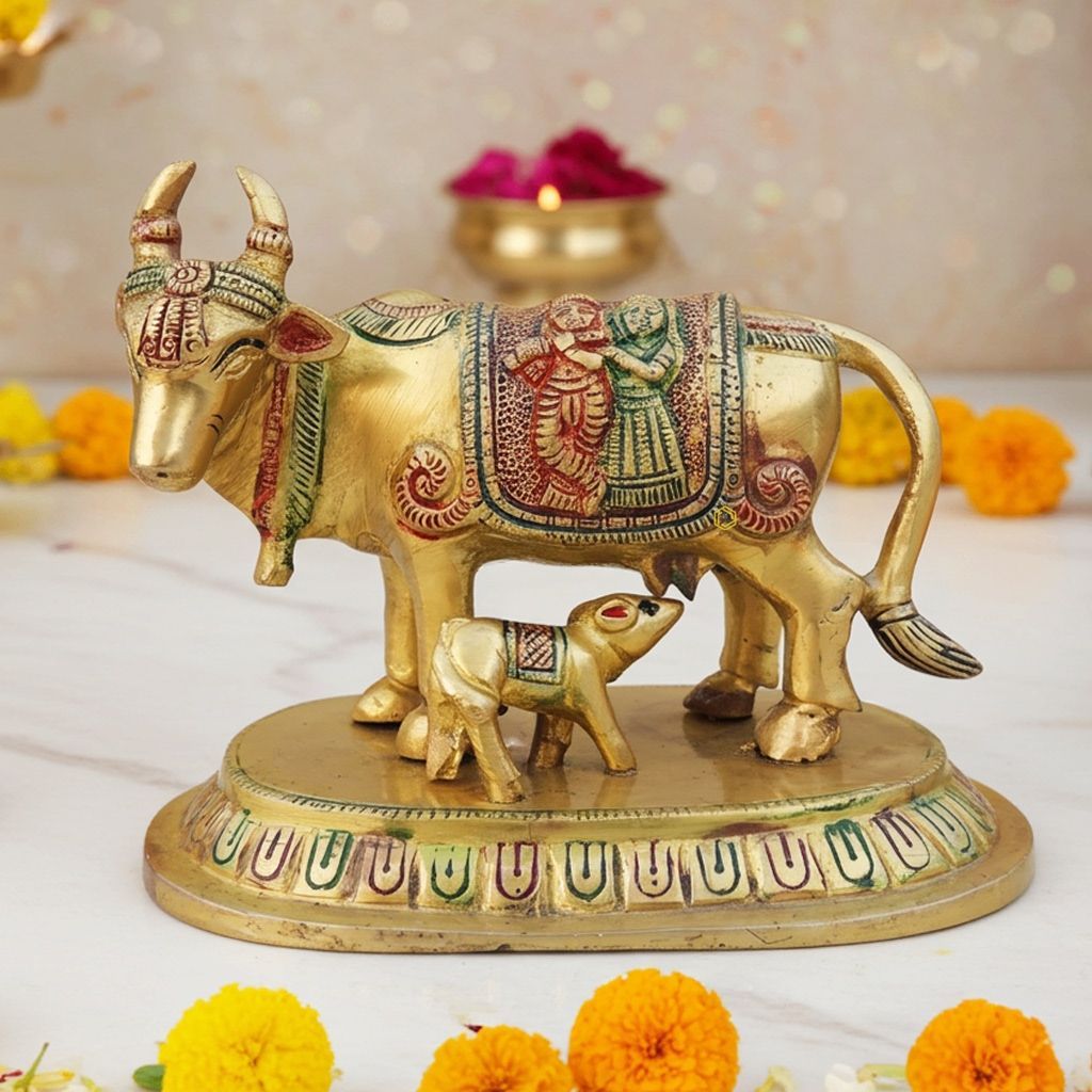Brass Cow & Calf Statue - Blessing Prosperity Idol, Height : 5 Inch (BSMAS1524 D)