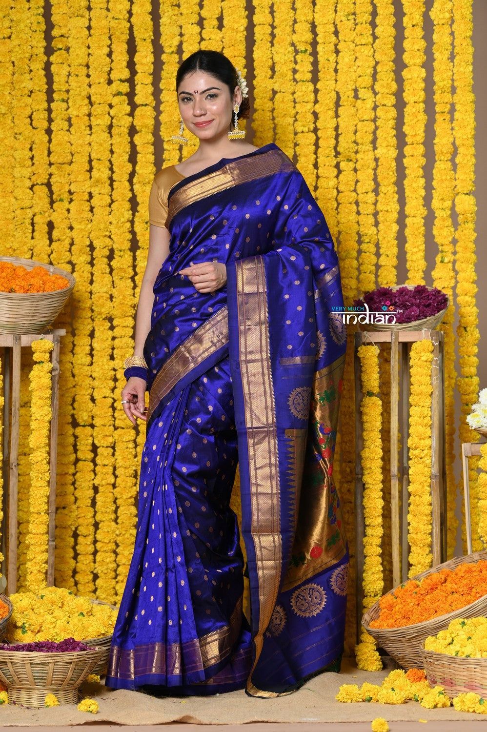 Topselling Rajsi~ Handloom Pure Silk Maharani Paithani with all over Dense Buttis~ Royal Blue