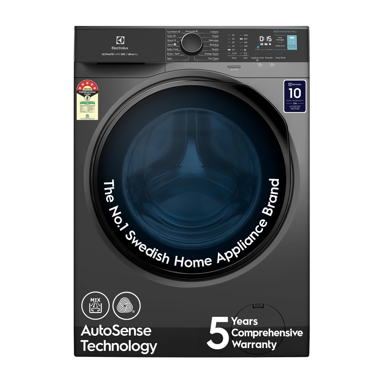 Electrolux 9kg 5 Star Front Load Washing Machine, 5 Year Warranty, AutoSense Technology, Full Load Vapour Wash, Hygienic Care, Woolmark, EcoInverter Motor, UltimateCare 500, EWF9024R5SB, Dark Silver Electrolux 9kg 5 Star Front Load Washing Machine, 5 Yea
