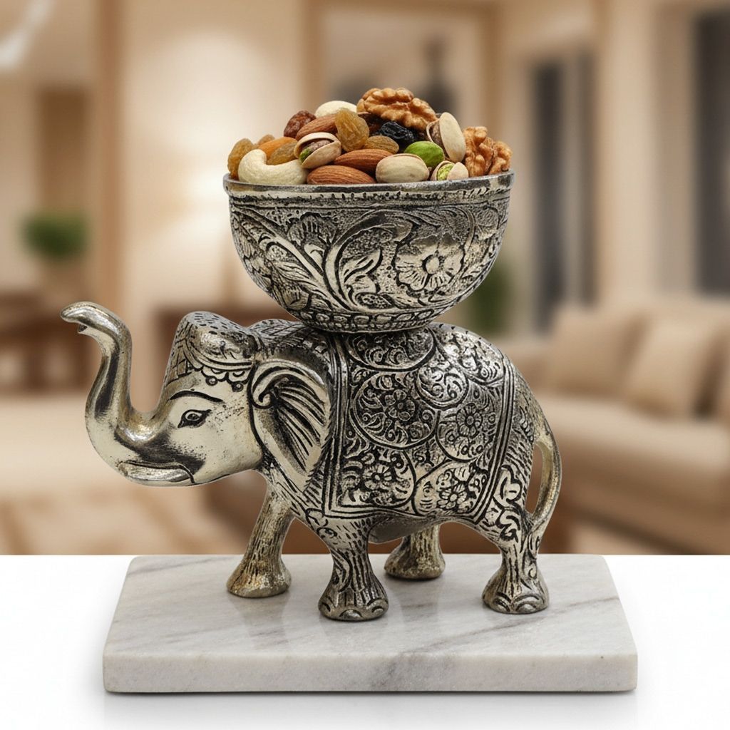 Aluminium Elephant Bowl Statue | Decorative Elephant Serving Showpiece, Height : 5 Inch (ASMAS539 B)