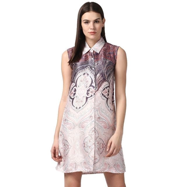 Women's Polyester Printed Sleeveless Above Knee Dress (Orange, XS)-PID55771