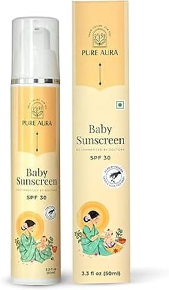 Pure Aura Baby Sunscreen 50 gm | SPF 30 Kids Sunscreen | 100% Mineral & Ayurvedic | Chemical-Free | Outdoor Safe | Sensitive Skin Friendly |