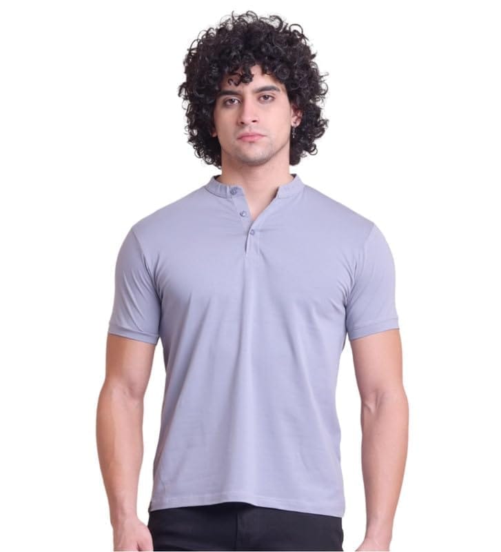Men's Casual Cotton Solid Half Sleeve Mandarin Collar T-Shirt (Teegrey, L)-PID57331
