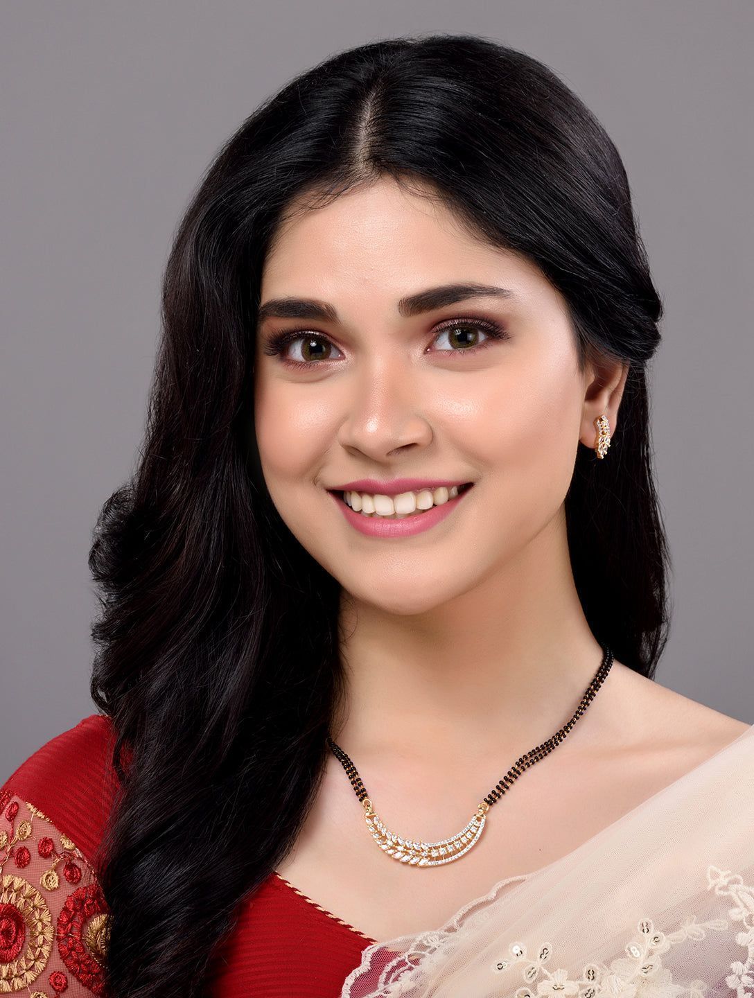 Gold Plated Black Beads AD Studded Designer Mangalsutra Combo Earrings Set