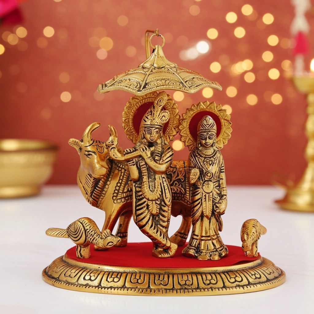 Aluminium Radha Krishna Idol ? Handcrafted Decorative Statue, Height : 7 Inch (ASMAS290 G)
