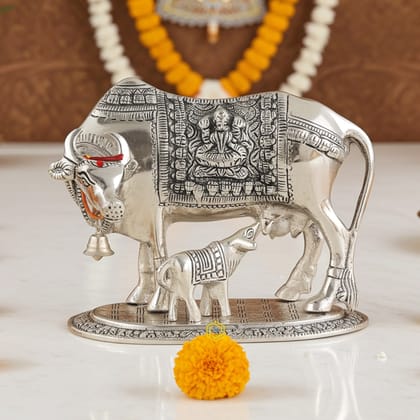 Aluminium Cow Idol � Silver Tone Decorative Figurine, Height : 6.5 Inch (ASMAS218 S)