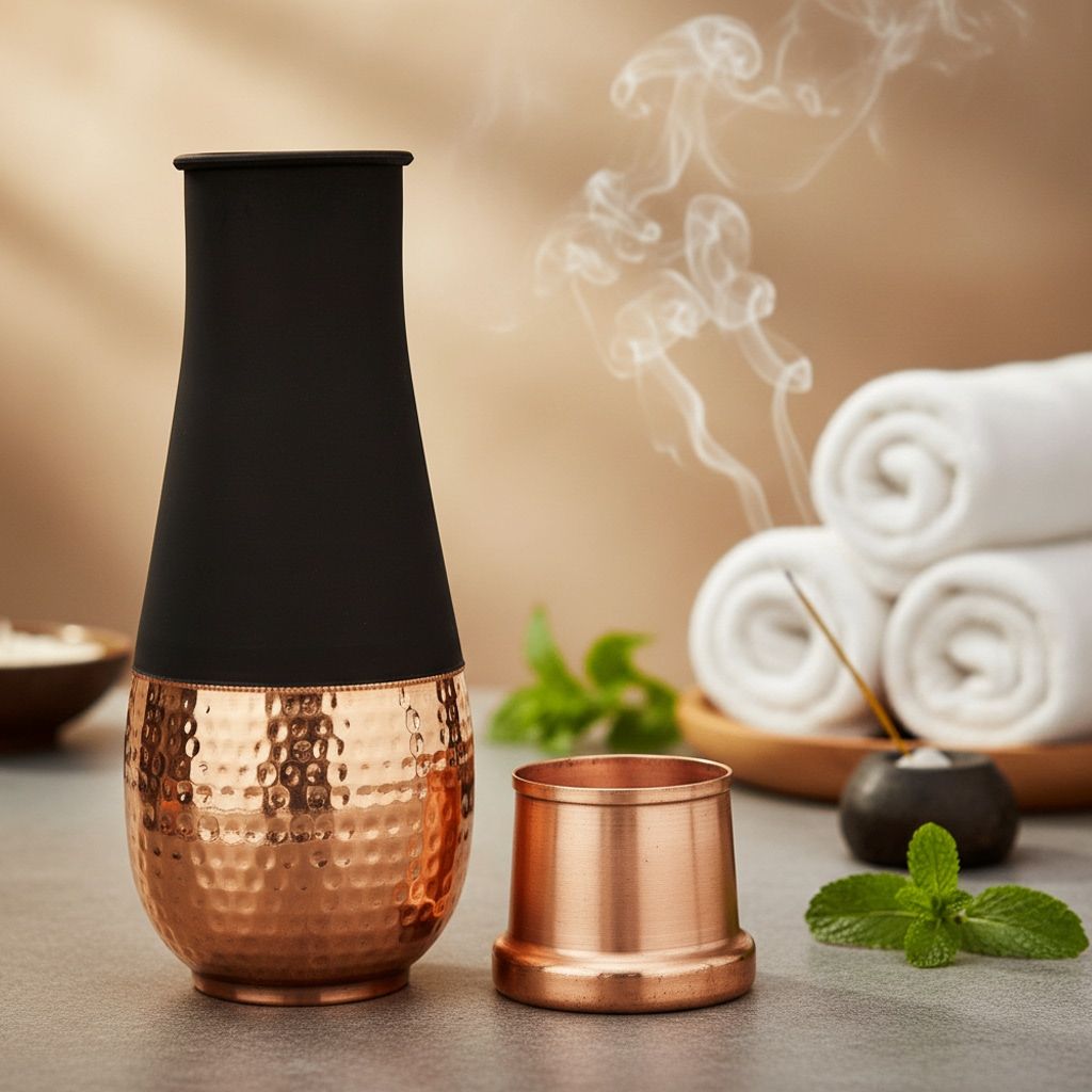Copper Drinking Water Bottle – Traditional Handmade Copper Bottle, Height : 11 Inch (BCMAS197 A)