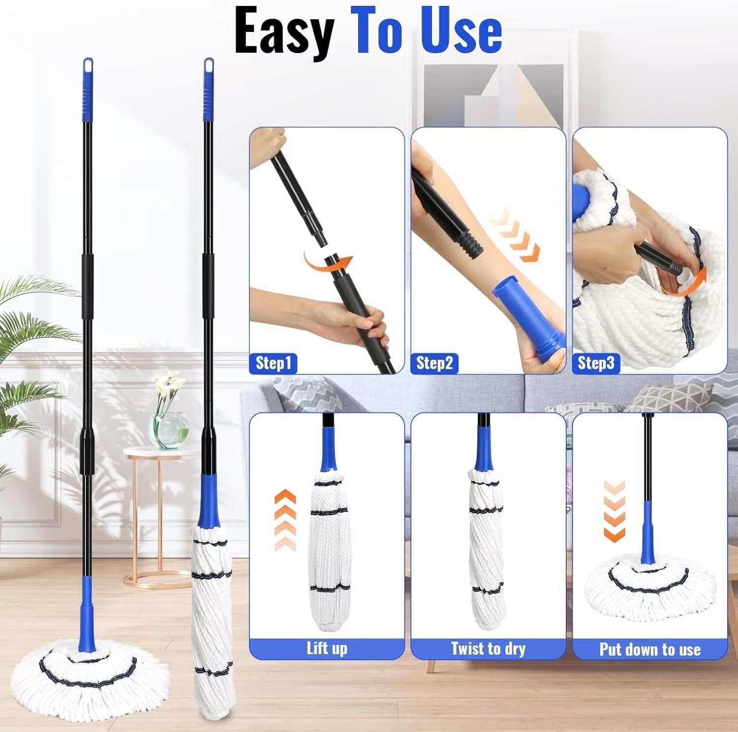 Self Wringing Squeeze Twist Mop, Microfiber Twisting Mop, Extendable Stainless Steel Handle, Reusable, Home, Office, Shop, Factory, Hospital, Cleaning Mop