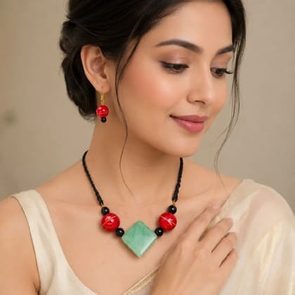 Handmade Choker and Earring Set for Women Red Green Casual Lightweight Jewelry
