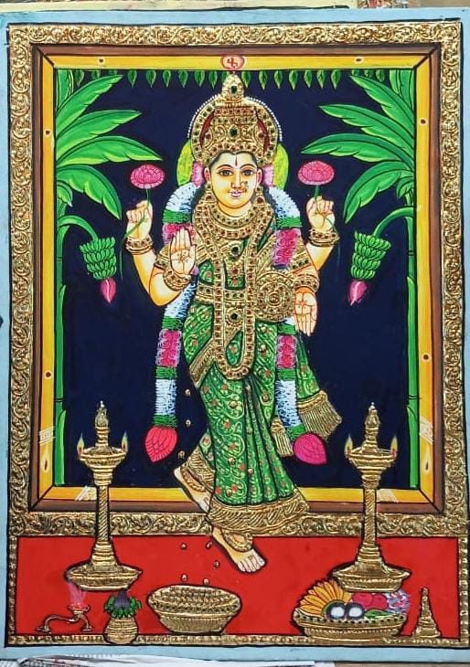 Tanjore painting of Goddess Griha Lakshmi By Authentic Handcrafting Method (Size 20x16)