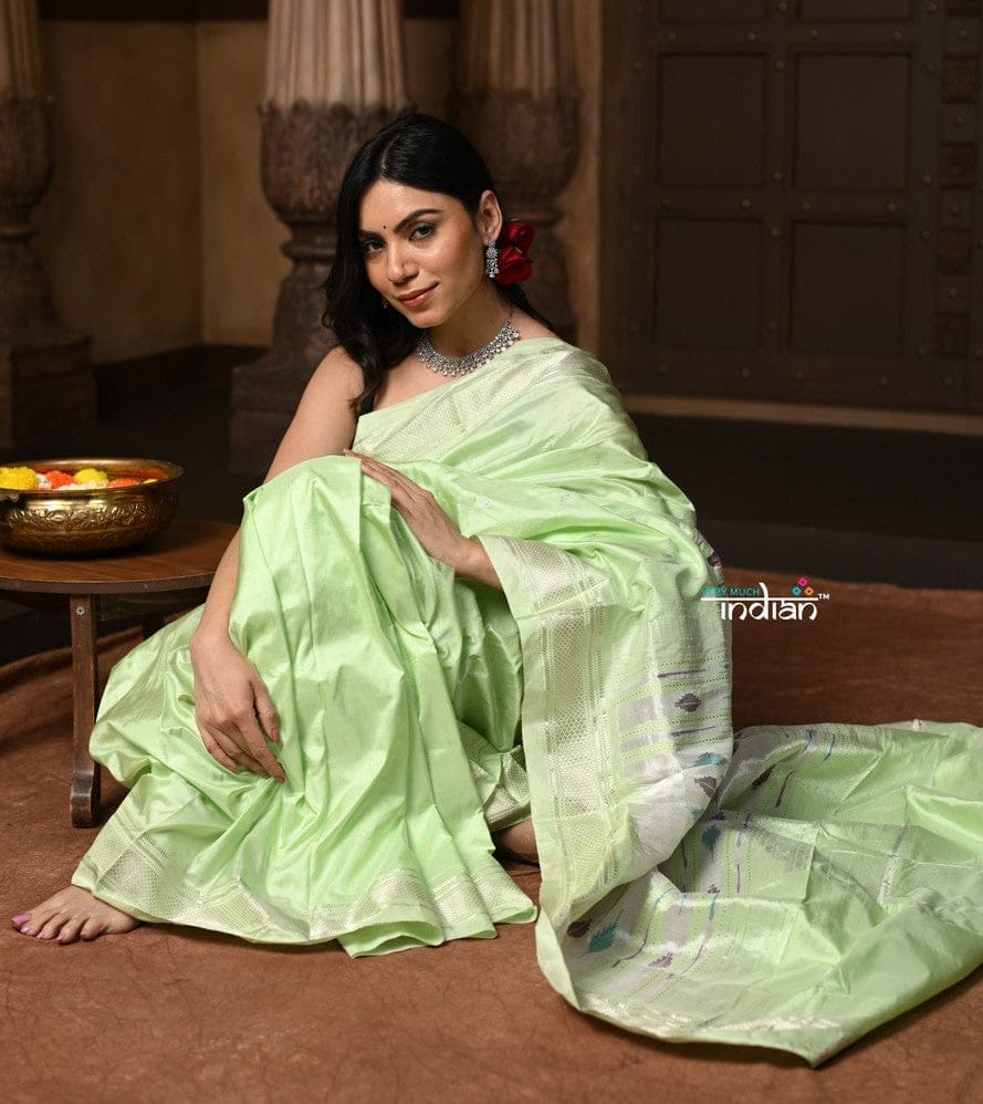 Parampara Limited Edition ~ Pastel Green Pure Silk Paithani with Most Traditional Double Pallu & Silver Zari