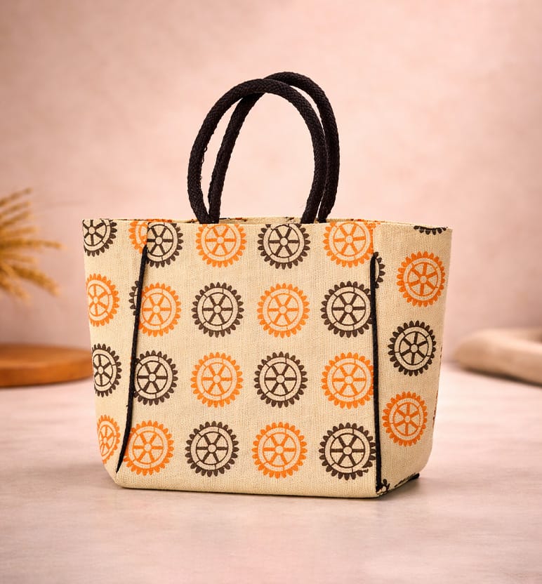 Handcrafted Printed Jute Tote Bag – Wheel Motif