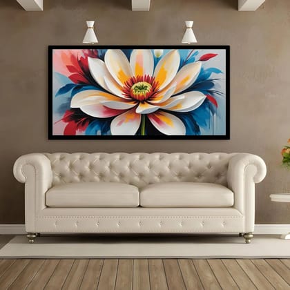 Luminary Sunburst Lotus Symphony – Premium Cotton Canvas Painting for Contemporary Interiors | Frame Size (127 X 69 Cm) | Frame Type (Black) | 5-Year Warranty