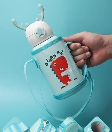 Denzcart Cartoon Printed Sipper Water Bottle with Straw & Cover for Children - Stainless Steel Flask 500 ML (Blue), Kid-Friendly Design, Durable and Safe, Spill-Proof and Easy to Use