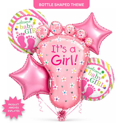 It’s a Girl Baby Feet Shaped Helium Balloon Set of 5 (Baby Feet + Welcome Baby Girl + Pink Star Balloons) | Pre-Inflated & Delivered | Baby Shower Decoration