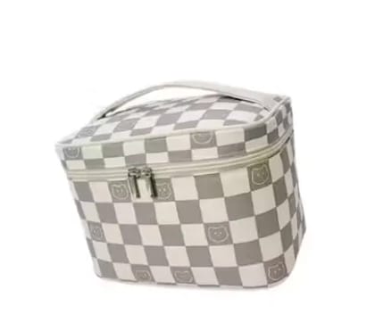 SG Large Capacity Glossy Travel Cosmetic Bag Sturdy Handle Makeup Bag Women Travel Outdoor (Grey White Check