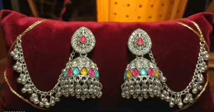 Oxidized Silver Jhumkas,with stone And chain ball Oxidized Silver Jhumkas,with stone And chain ball