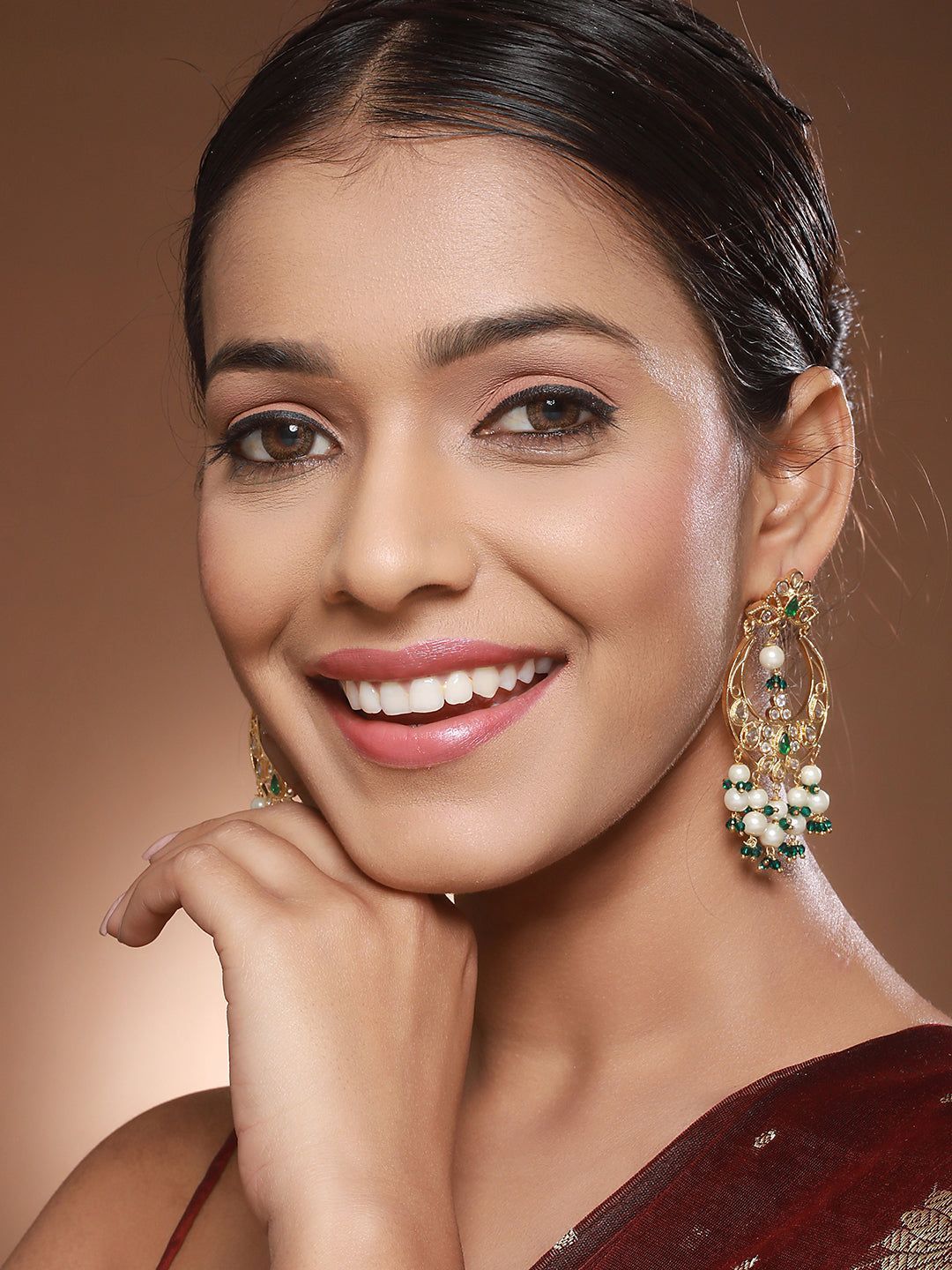 Gold Plated Green Zircon Pearl Beaded Kundan Crescent Danglers Chandbali Earrings