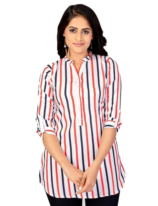 Women's Poly Crepe Mandarin Collar 3/4 Sleeves Short Top (White, L)-PID56266