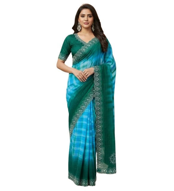 Generic Women's Georgette Striped Saree with Unstitched Blouse Piece, Soft Lightweight 5.5 m Sari for Daily, Office and Casual Wear (Turquoise, Design 67618)