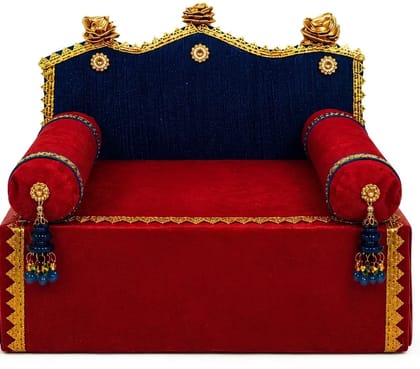 Patitapaban Laddu Gopal Cushioned Sofa Cum Sinhasan with 2 Pillows | Wooden All Purpose Chowki (Blue, Red, Gold, Pack of 1)