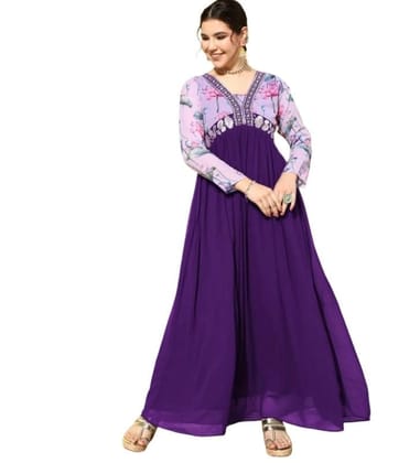 Women's Georgette Embroidery 3-4th Sleeve V-Neck Kurti (Purple, XS)-PID61829 Women's Georgette Embroidery 3-4th Sleeve V-Neck Kurti (Purple, XS)-PID61829