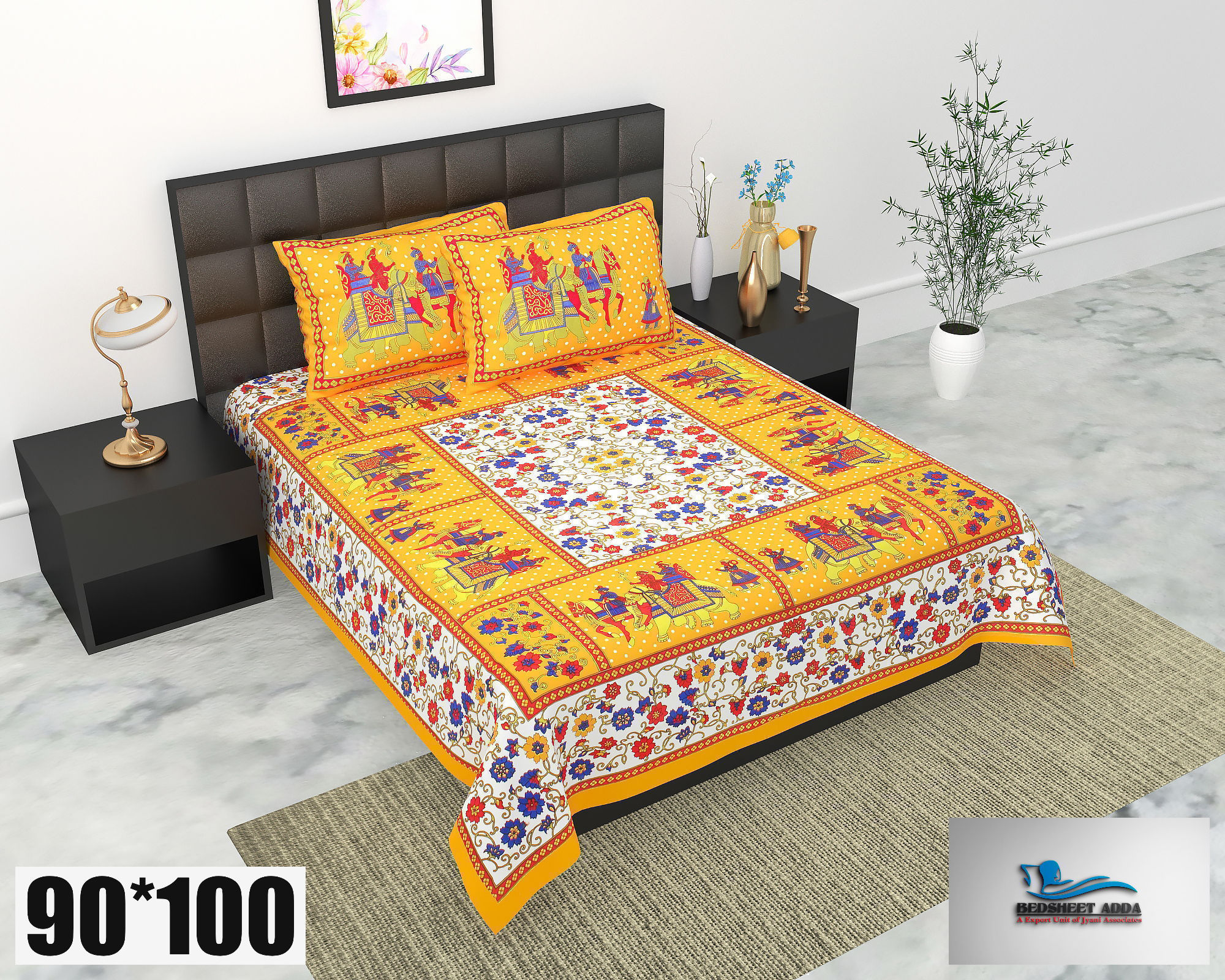 2001-Bedsheet Adda-Pure Cotton Jaipuri Printed Double Bedsheet With 2 Pillow Covers-Gangour
