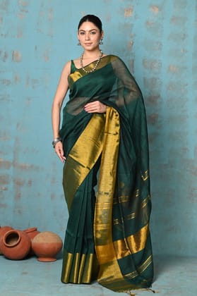 Tyohaar ~ Handloom Pure Cotton Linen Saree With Golden Border - Dark Green