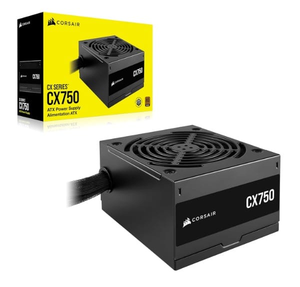 CORSAIR Series CX750 80 Plus Bronze ATX Power Supply, A 120mm thermally Controlled Low-Noise Cooling Fan, Compact 125mm-long casing, Black Sleeved Cables and Powder-Coated casing