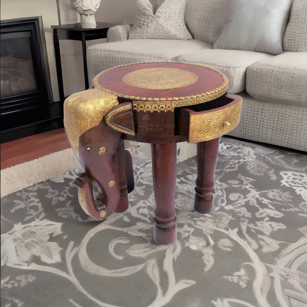 Handcrafted Wooden Elephant Side Table with Brass Details