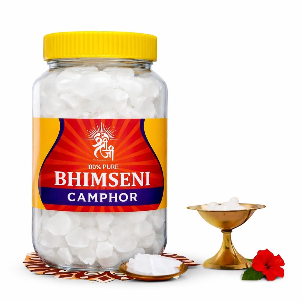Shri Shriji Flam Pure Bheemseni Camphor Crystals (Bhimseni Kapoor) | 100% Natural & Organic | for Pooja, Meditation & Diffuser | Long-Lasting Aroma, Residue-Free | Eco-Friendly (1kg)