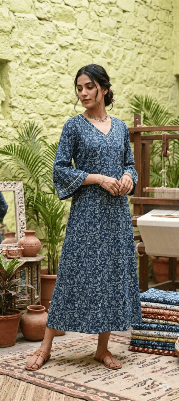 Bivabar Floral Print Cotton A-Line Dress | Navy Blue | XL | Soft Breathable Cotton Fabric | Ethnic Casual