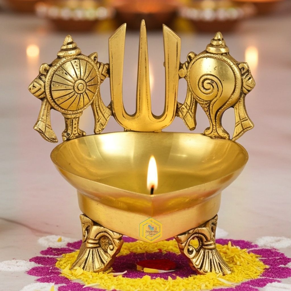 Brass Table Decor Shankh Chakra Deepak, Oil Lamp  - Conch & Chakra Design Oil Lamp, Height : 7 Inch (BSMAS1503 G)
