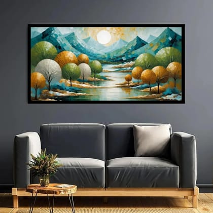 Luminary Peaceful Mountain Scenery – Calm Nature Landscape Artwork Canvas Painting | Frame Size (127 X 69 Cm) | Frame Type (Black) | 5-Year Warranty