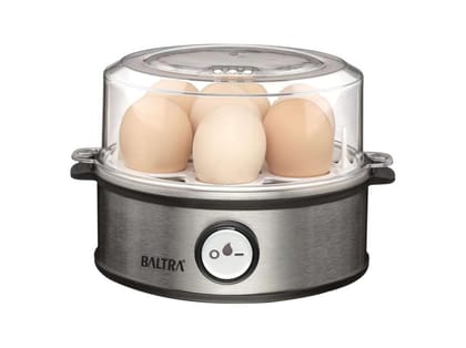 BALTRA Eggy Dlx 350W Instant Egg Boiler, Boils 7 Eggs at Once, 3 Boiling Modes, Stainless Steel Body with Poaching Tray & Heating Plate