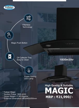 Fabian Magic Filterless Kitchen Chimney (Black, 960mm) | 1800m3/hr Powerful Suction | Smoke-Free Cooking