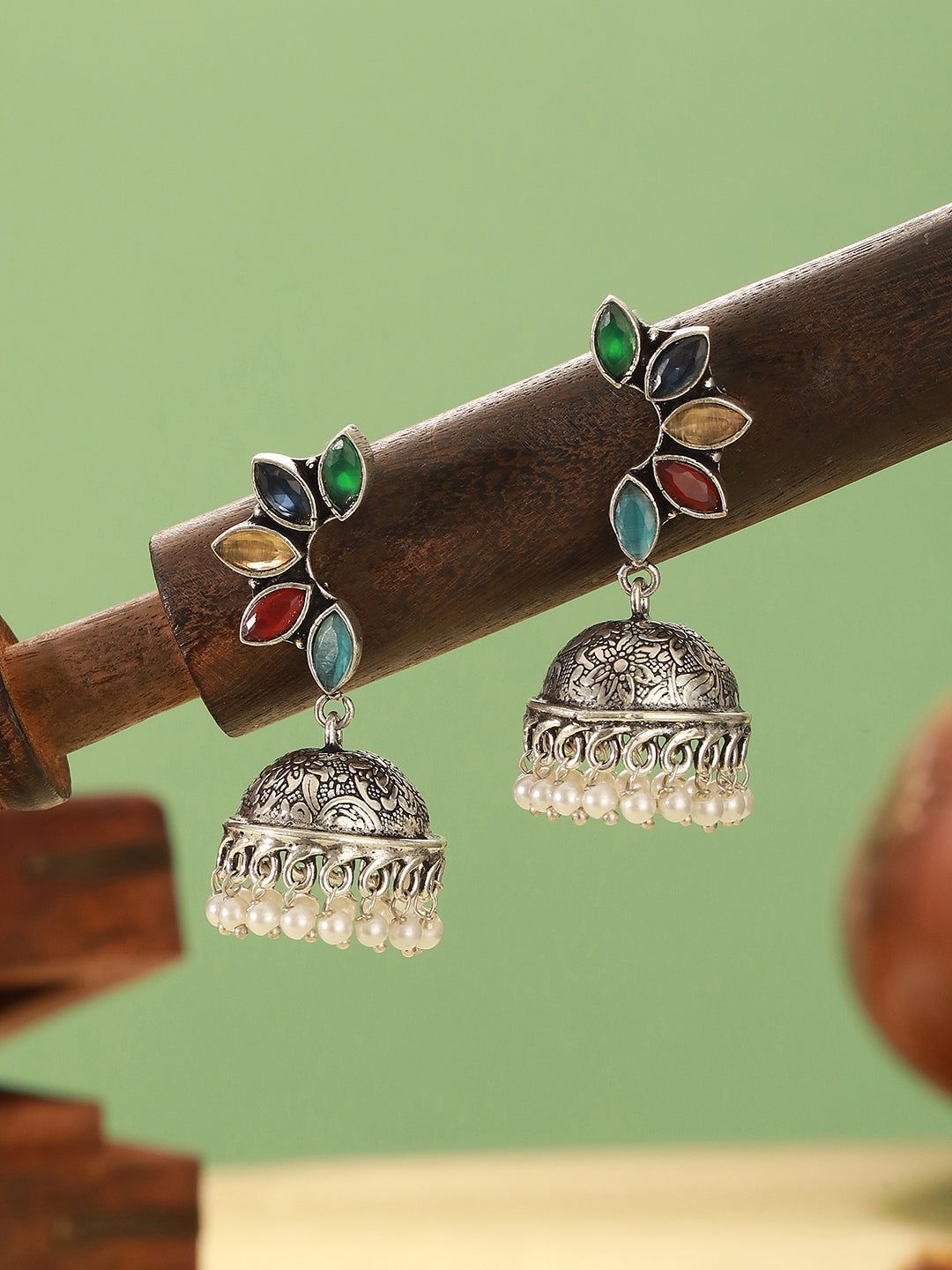 Oxidised Silver Toned Multicolored Handcrafted C Shaped Dangler Minimal  Jhumka Earrings