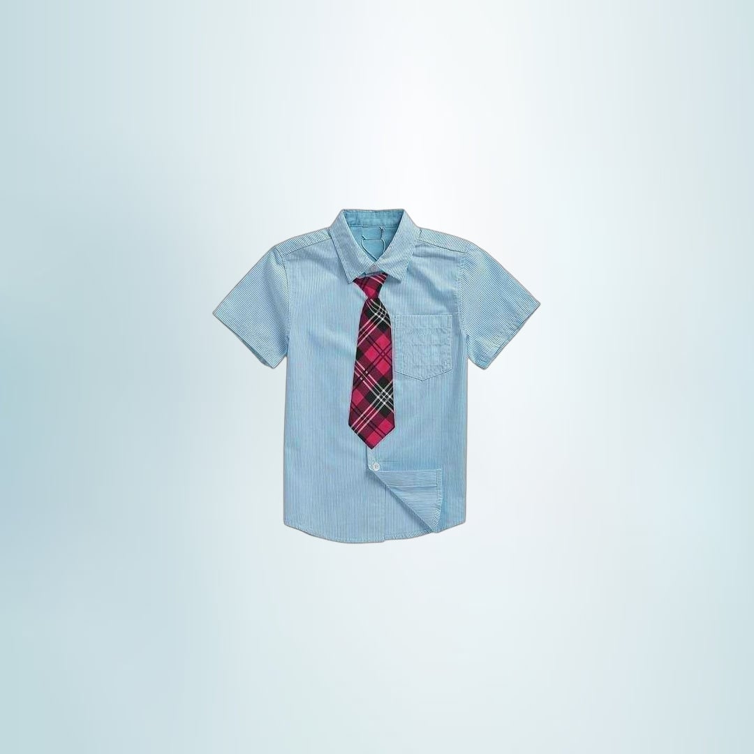 Striped School Uniform Shirt with Plaid Tie (Light Blue) | Classic Formal Style | School Wear