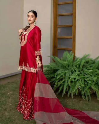 Womens Chinon Silk Sequence Embroidery Work Straight Kurti With Sharara Suit and Dupatta Set Womens Chinon Silk Sequence Embroidery Work Straight Kurti With Sharara Suit and Dupatta Set